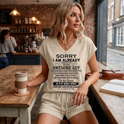 TOP00 - Sorry I Am Already Taken By A Freaking Awesome Guy - from husband / boyfriend - V-neck short-sleeved shirt and shorts set A09-762 (SKU2607-34-00)