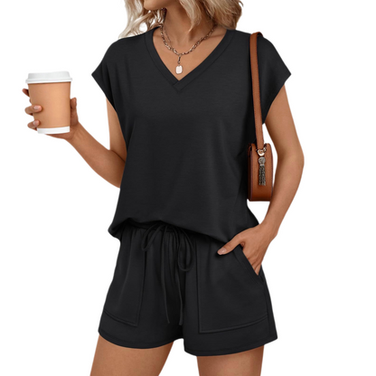 V-neck short-sleeved shirt and shorts set A09-762